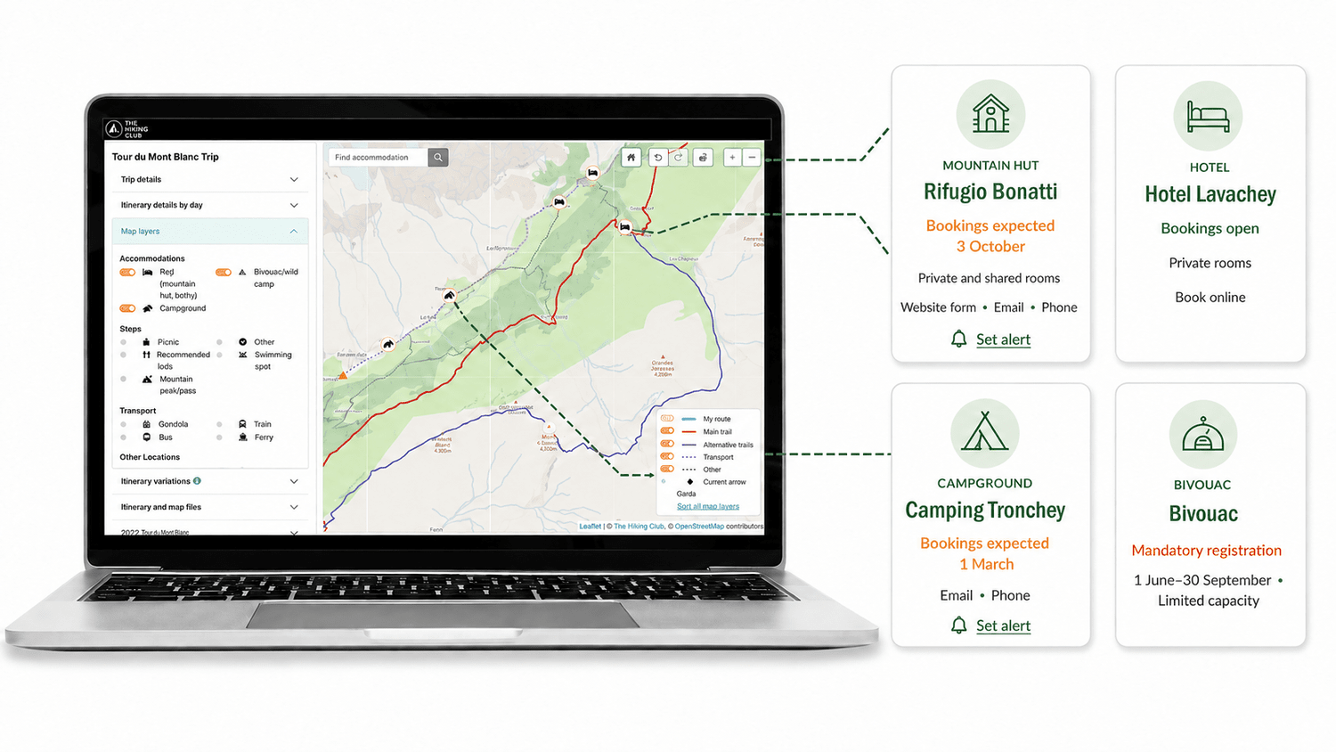 Mountain huts, hotels, campgrounds and legal bivouacs along a hiking route with booking status and alert options