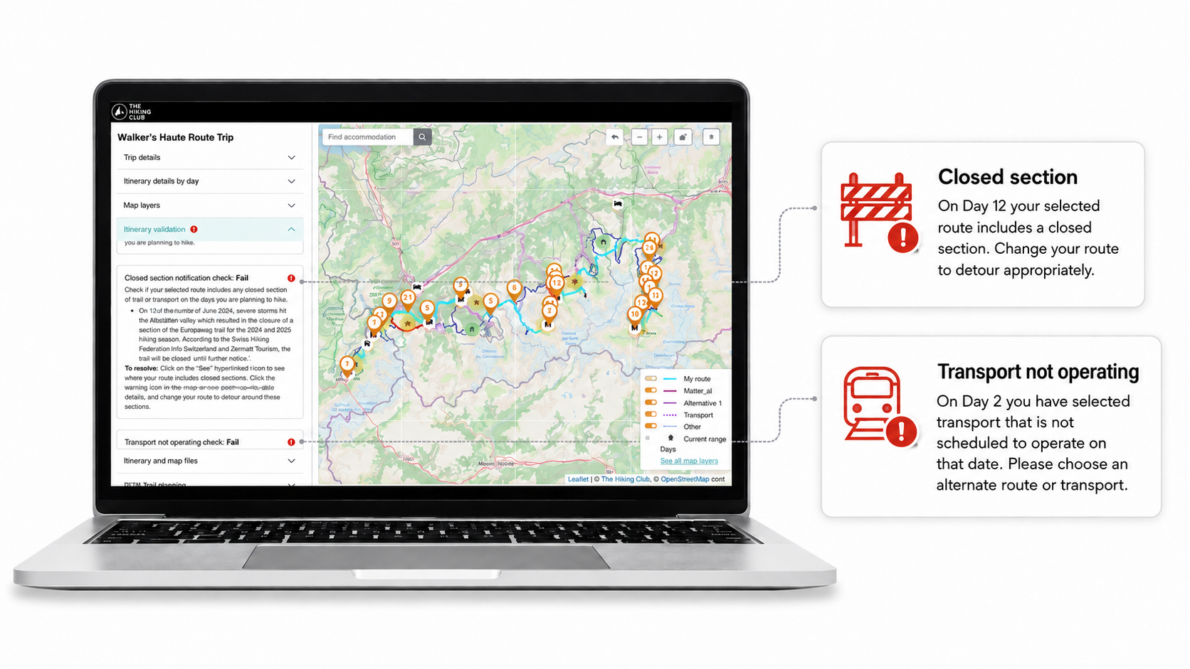 The Hiking Club platform highlighting itinerary checks for route closures, transport dates and unplanned out-and-back sections