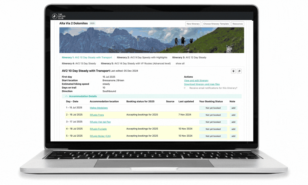Expert-designed itinerary templates showing different options for planning the Alta Via 2