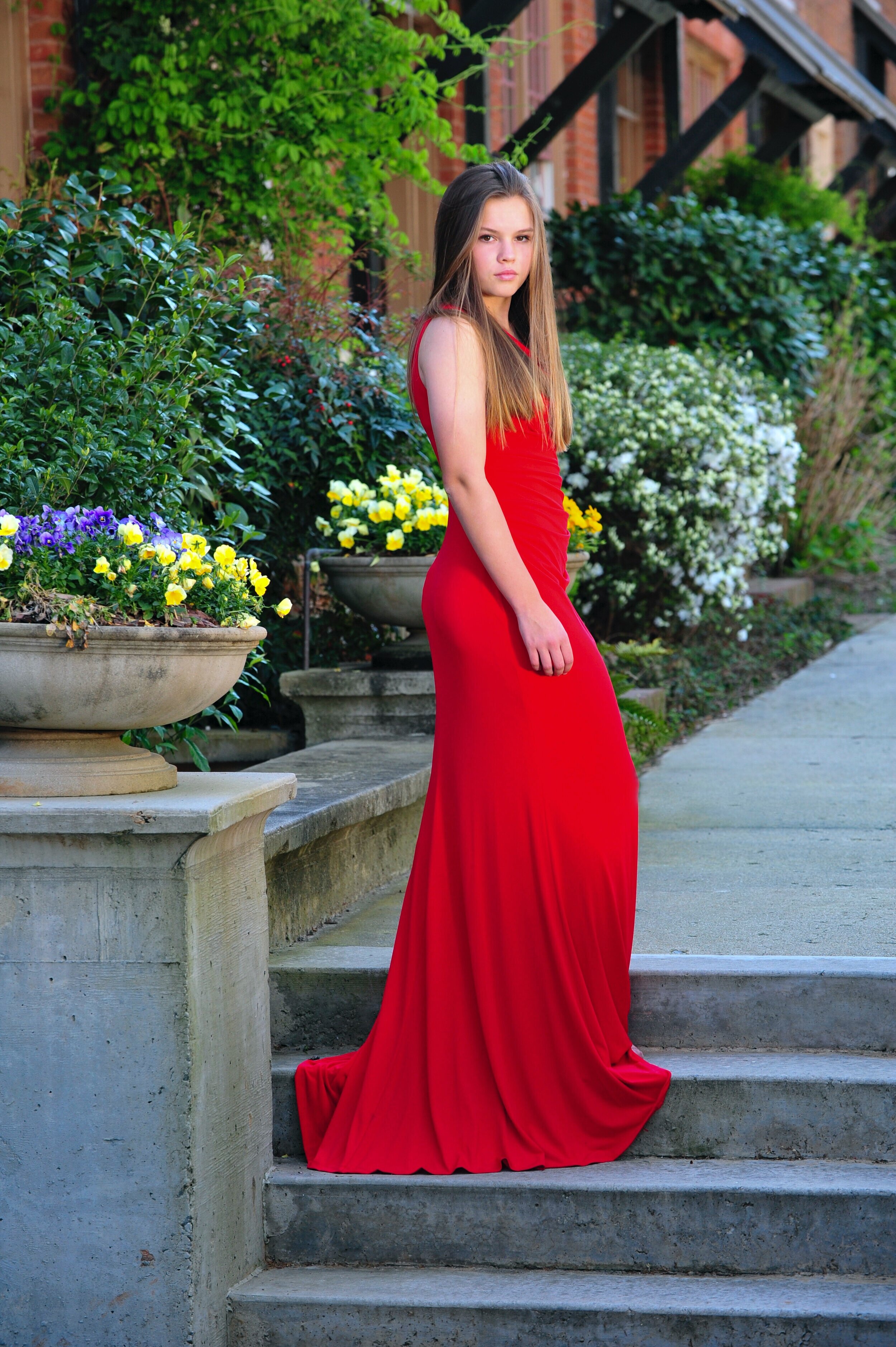  Senior Girl in Prom Dress at Vickery Village Cumming GA Bryan White Photography Art   