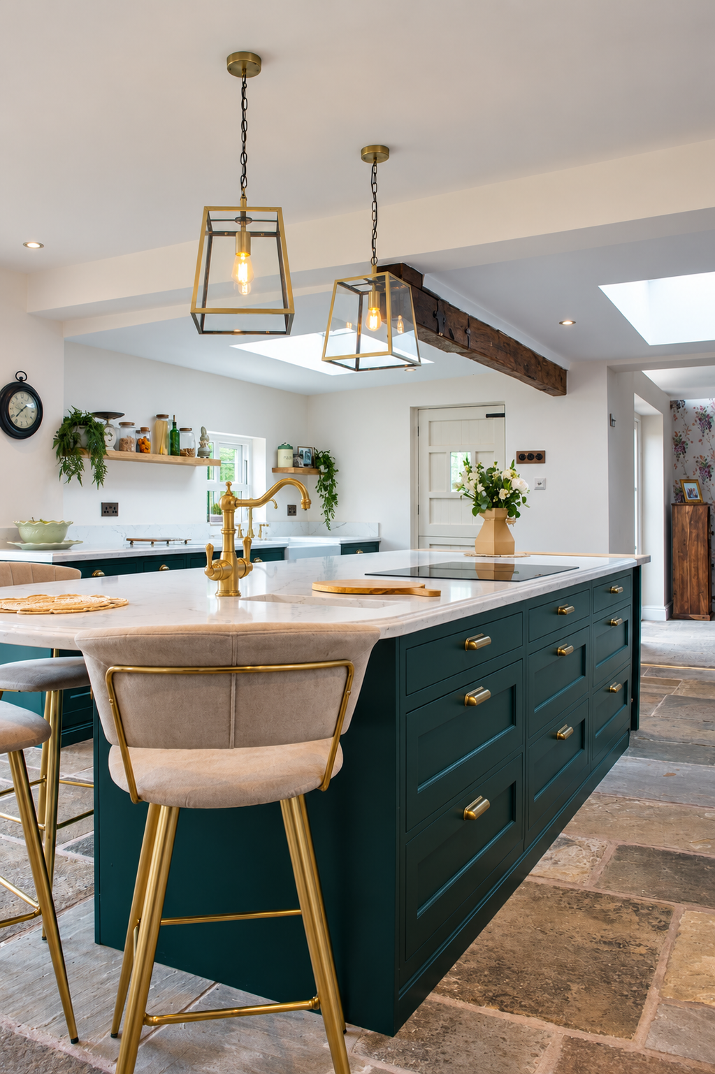 everfine-dowd-kitchen-island-velvet-stools-oak-beam.png