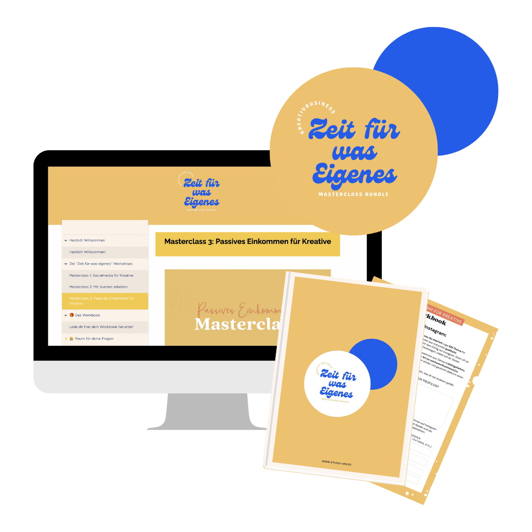 Digitales Lernmaterial mit Buch, Tablet und Dokumenten für einen Masterclass Kurs, farblich in beige, blau und weiß gestaltet