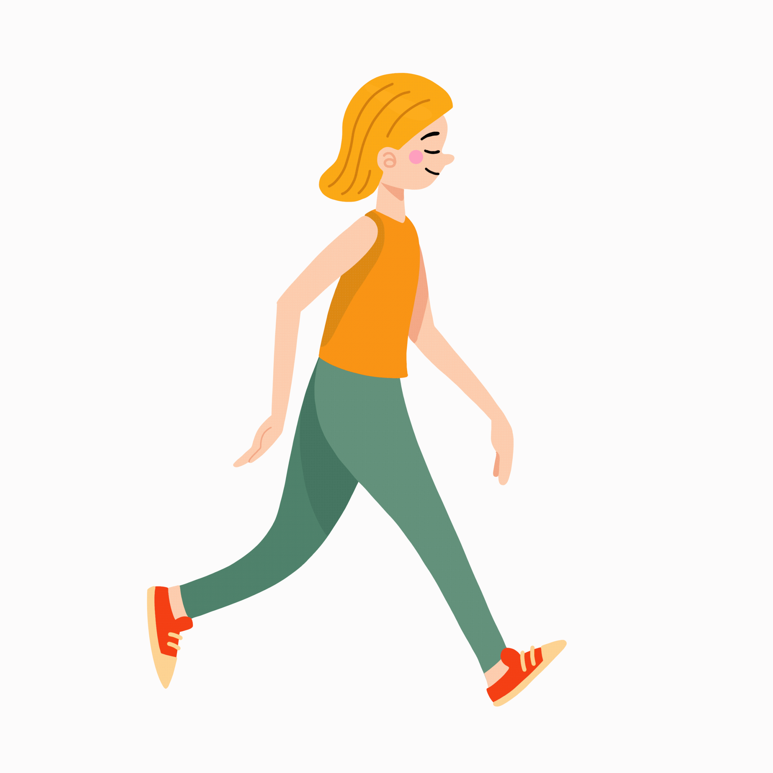 Illustration einer lachenden jungen Frau beim Spaziergang, trägt orange Top, grüne Hose und orange Schuhe.