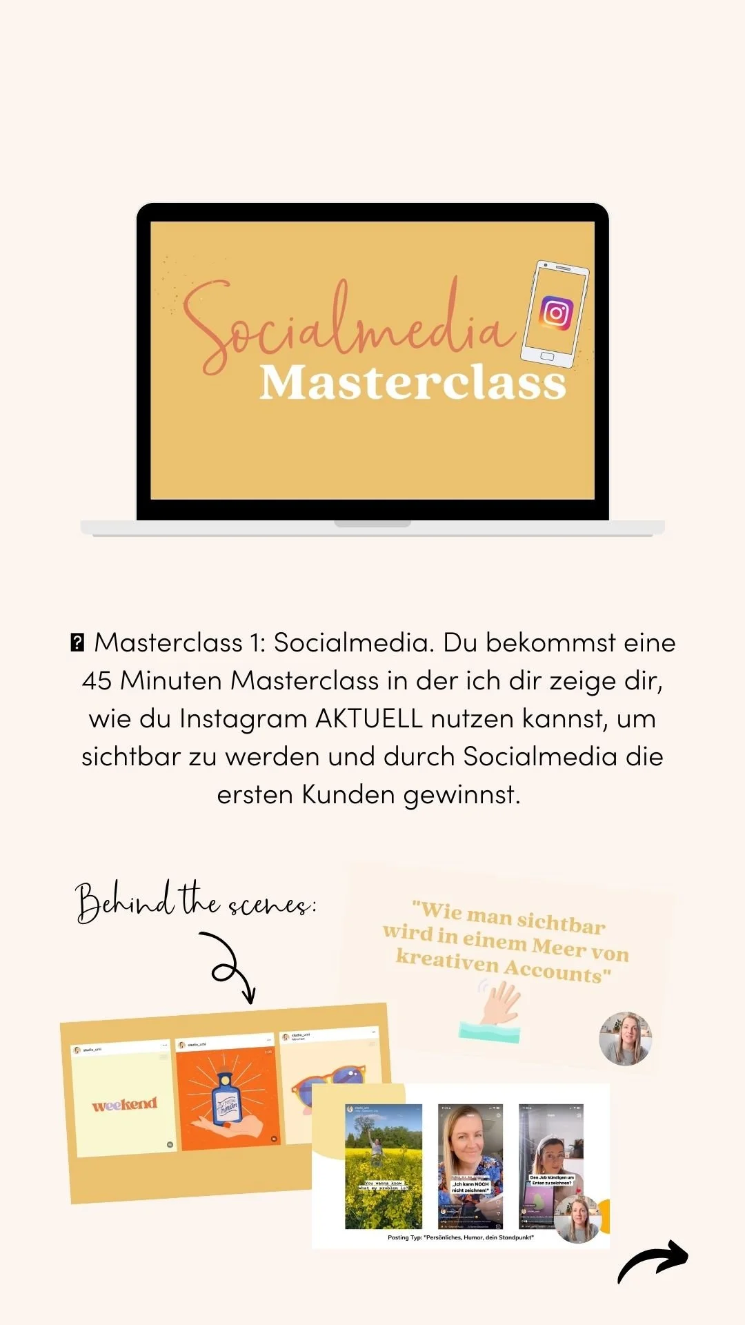 Grafik bewirbt eine 45-minütige Social-Media-Masterclass, die zeigt, wie man Instagram sichtbar nutzt, um Kunden zu gewinnen, mit Behind-the-Scenes-Bildern von Instagram-Storys und Postings.