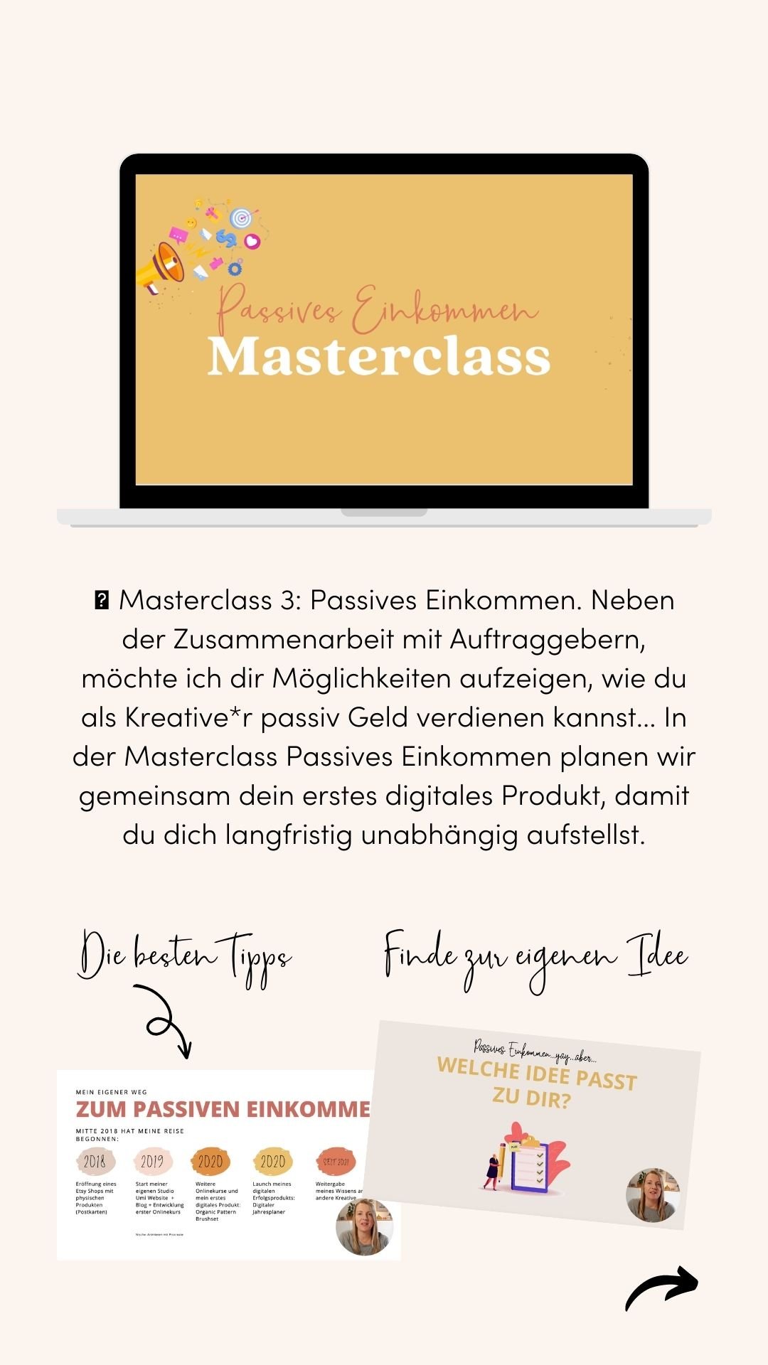 Digitales Masterclass-Poster zum passiven Einkommen, mit Beispiel-Tipps zum passiven Geldverdienen, Kundenergebnisse und einem Personensymbol