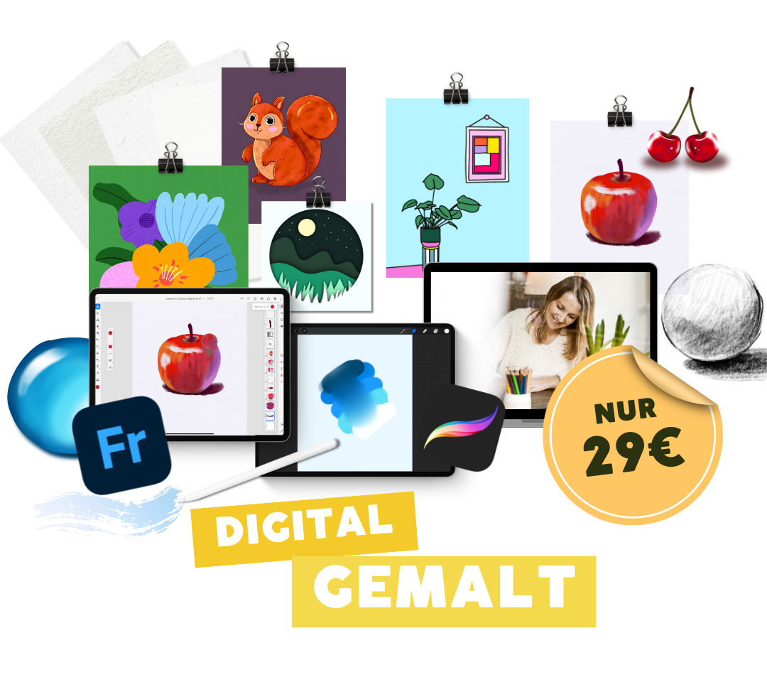 Werbung für einen digitalen Mal-Workshop zum Angebotspreis von 29€, zeigt Tablets mit digitaler Malerei, Illustrationen, eine Frau beim Malen, künstlerische Werkzeuge und bunte Bilder.