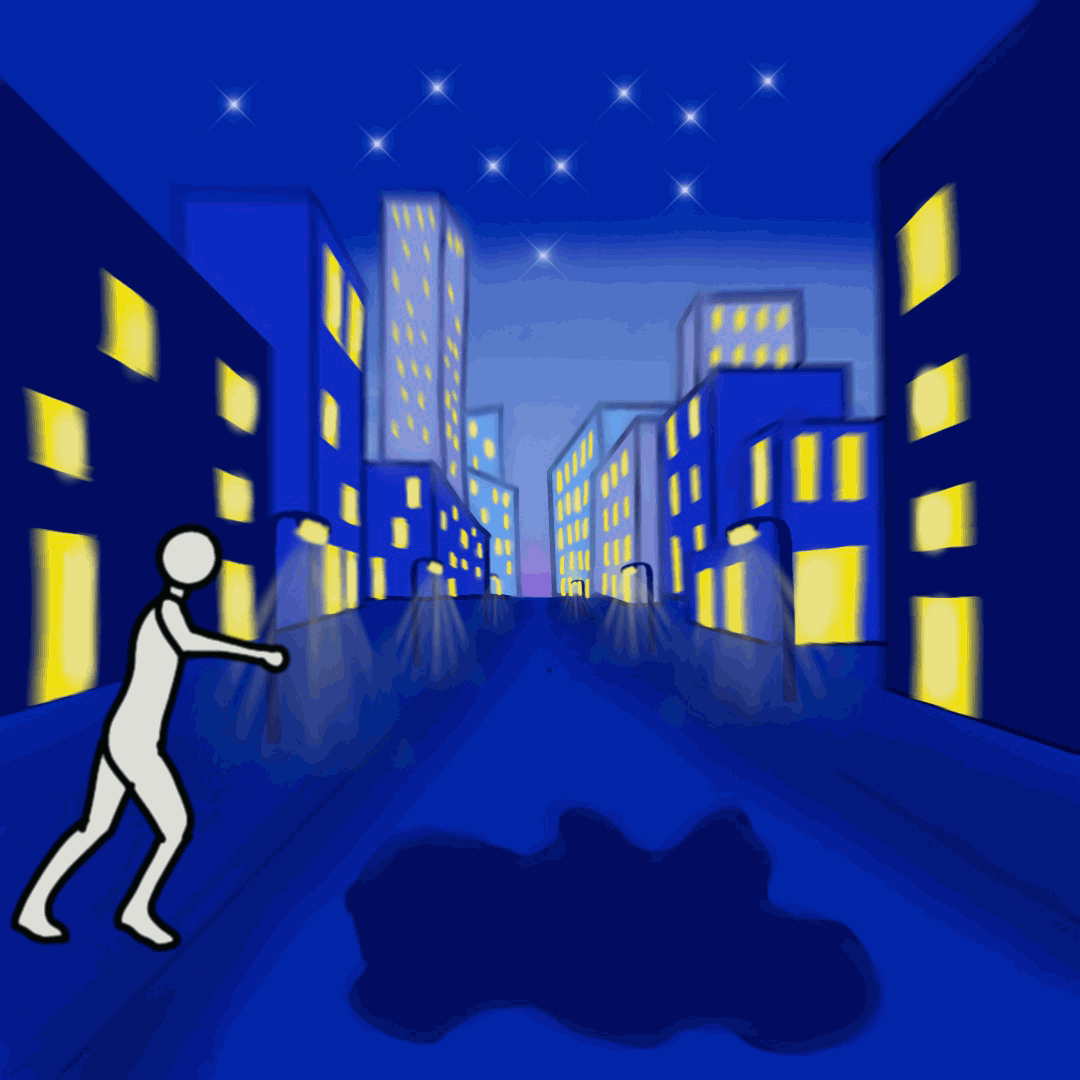 Illustration einer Stadt bei Nacht mit leuchtenden Fenstern, Sternen am Himmel und einem auf der Straße schleichenden Schatten, während eine Person von links zur rechten Richtung läuft.
