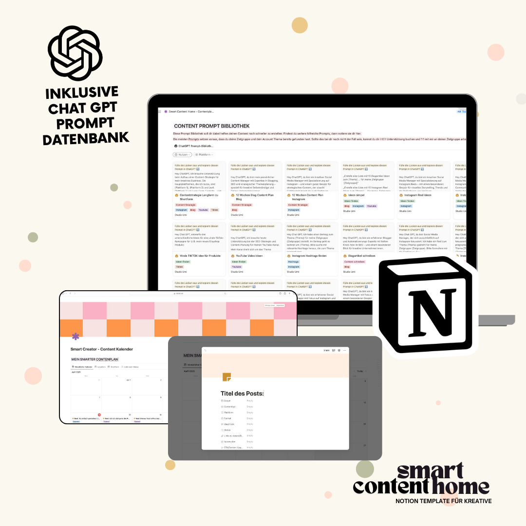 Grafik mit verschiedenen digitalen Vorlagen für Content-Management und Planung auf einem Computer- und Tablet-Display, inklusive Notion-Logo, mit Text in Deutsch übervorgesehen zur Inhaltsplanung und -verwaltung.