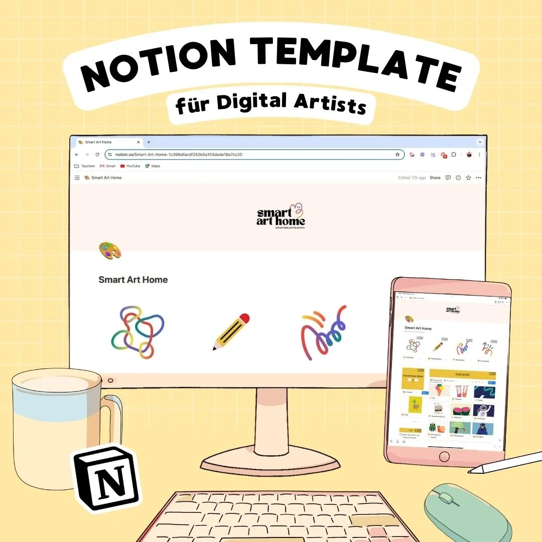 Digitaler Arbeitsplatz mit Computer, Smartphone, Notizblock, Stift, Maus, Tasse Kaffee und verschiedenen digitalen Notizen und Symbolen für Kreativität auf einem gelben Hintergrund. Das Display zeigt eine Webseite für Digitale Künstler.
