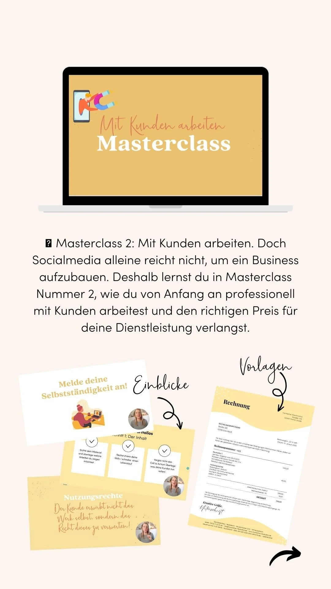 Titelbild eines Online-Masterclasses mit dem Thema Kundenarbeit, darunter verschiedene Beispielmaterialien wie eine Rechnung, eine Übersicht und eine Selbstauskunft, versehen mit handgeschriebenen Hinweisen und Illustrationen.