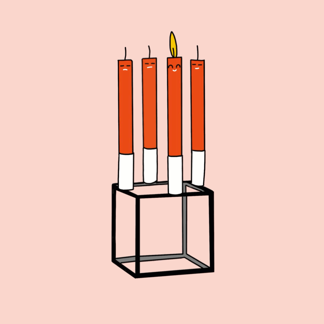 Illustration von vier roten Geburtstagskerzen in einem schwarzen Kerzenständer, eine der Kerzen ist angezündet, mit lachendem Gesicht.