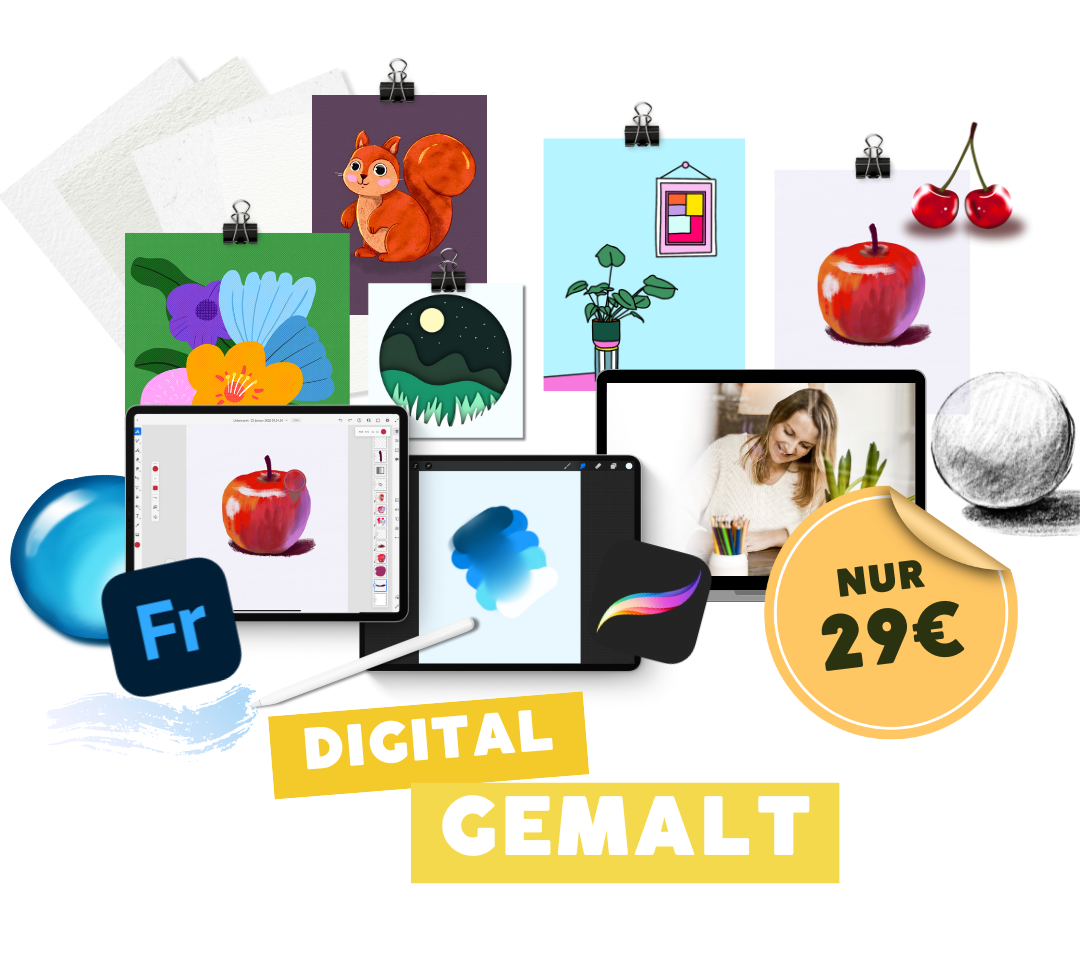 Ein digitales Mal-Set mit Tablets, digitalen Stiften und Kunstwerken wie bunte Blumen, Früchte und Skizzen, das eine kreative digitale Mal-Option zeigt, zum Angebotspreis von 29 Euro.