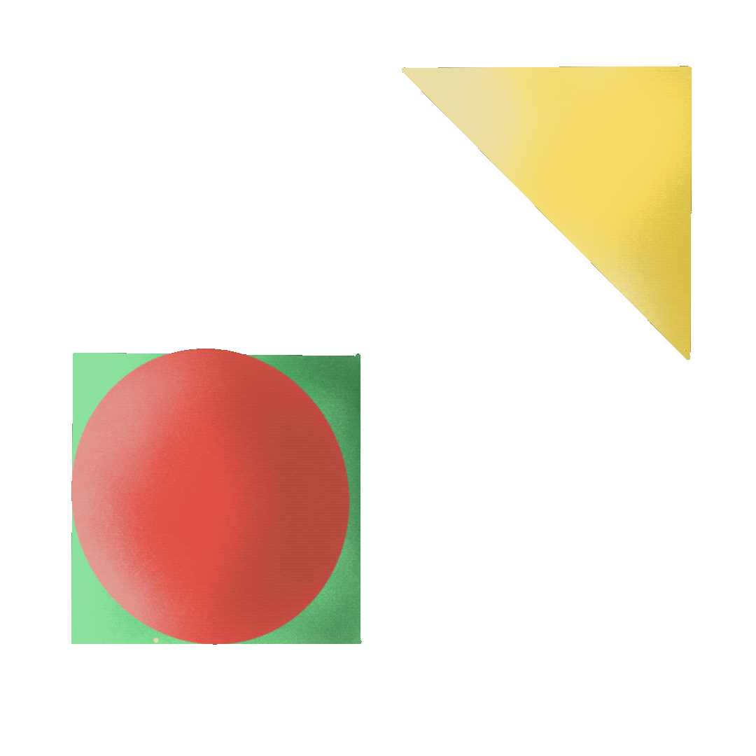 Diagramm mit zwei geometrischen Formen: Ein grünes Quadrat mit einem roten Kreis und ein gelber Tritt, beide verbunden durch Pfeile, die auf eine mathematische Gleichung zeigen.