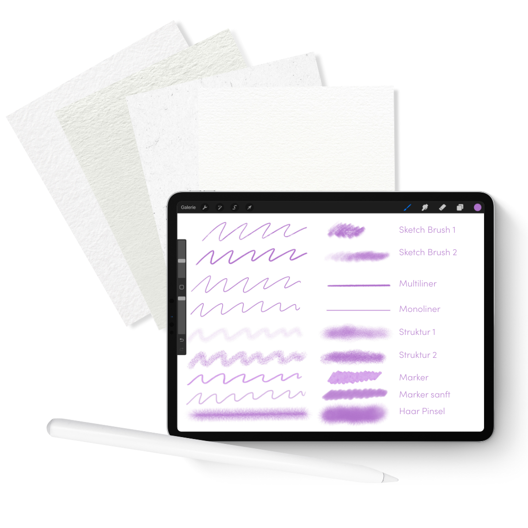 Digitales Zeichenpad mit verschiedenen lilafarbenen Zeichen- und Strichmustern; umgeben von mehreren weißen Papiere auf schwarzem Hintergrund.