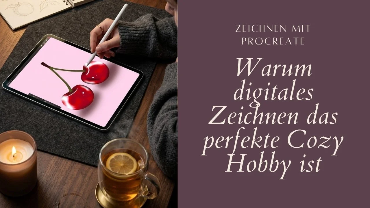Person zeichnet entspannt mit Apple Pencil auf dem iPad, gemütliche Cozy-Atmosphäre mit Tee und Kerze