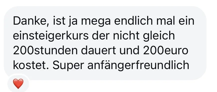 Screenshot eines WhatsApp-Chatbots mit einer Nachricht in deutscher Sprache, die Dankbarkeit für einen günstigen Anfänger-Online-Kurs ausdrückt, gefolgt von einem roten Herz-Emoji.