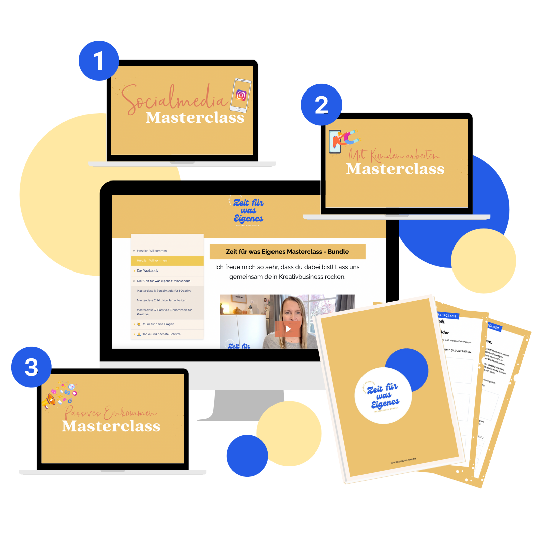 Grafik zeigt drei Laptops und eine Papiersammlung, die Masterclasses zu Social Media, Kundenarbeit und Passive Einkommen präsentieren. Im Zentrum ist ein Bildschirm mit einem Online-Workshop. Es gibt auch Broschüren und Dokumente mit ähnlichem Design und Texten zu den Themen dieser Masterclasses.