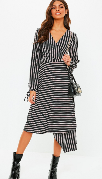 Copy of black wrap front balloon sleeve stripe dress from Missguided