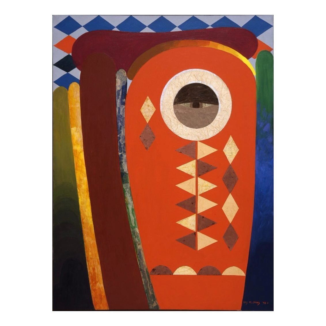 &ldquo;In Ode to Kinshasa, Jones adapted the triangle and diamond patterns painted onto traditional masks by artists in many West and Central African communities; the eye in the center of Jones&rsquo;s composition refers to her source of inspiration.