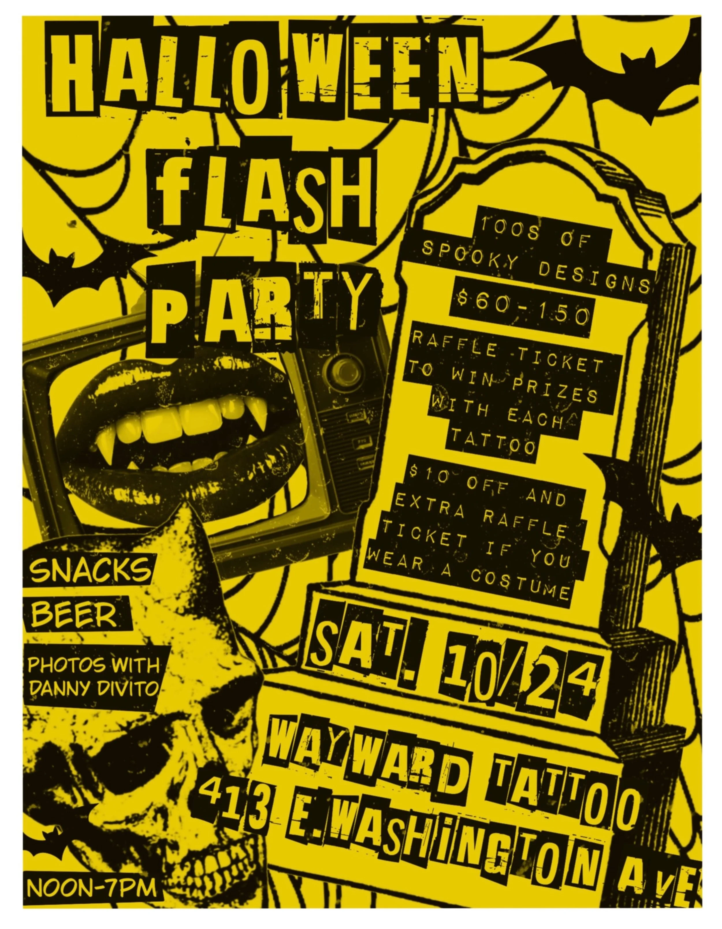 TODAY IS THE DAY!!! Come on down to our Halloween flash party! 100&rsquo;s of designs to choose from! Apple cider mimosas, beer, and snax! Raffles for gift cards! Photos with Danny Divito!