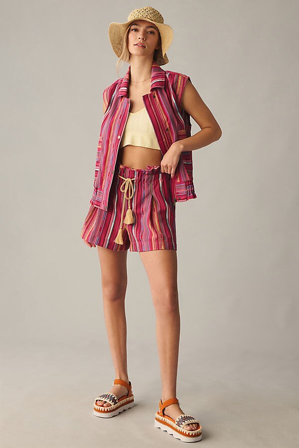 Paper bag striped shorts for women