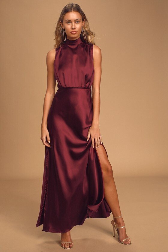  burgundy satin dress 