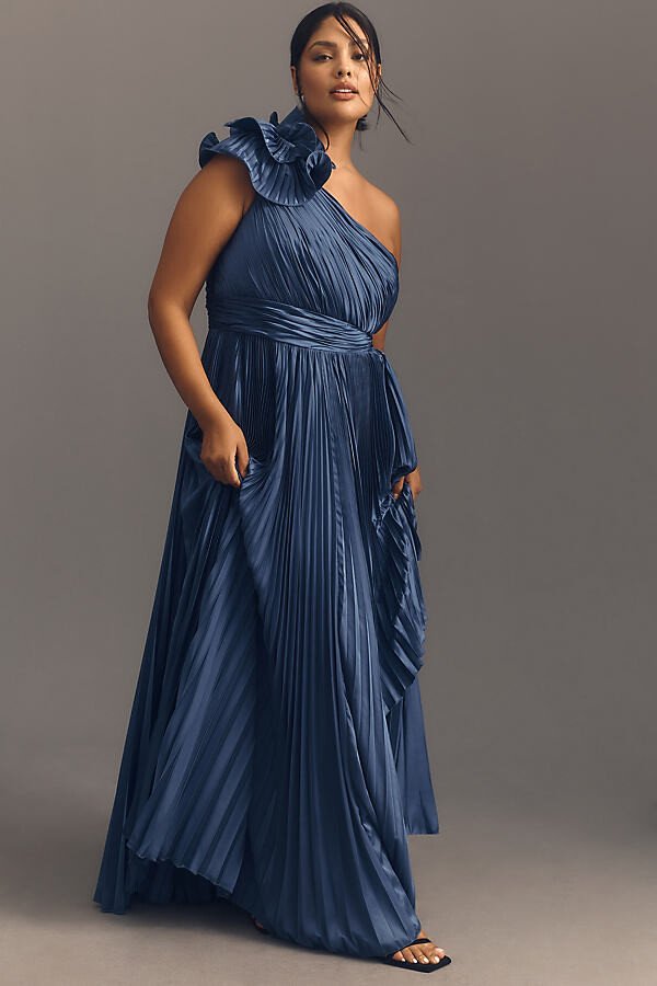  blue satin pleated plus size gown 