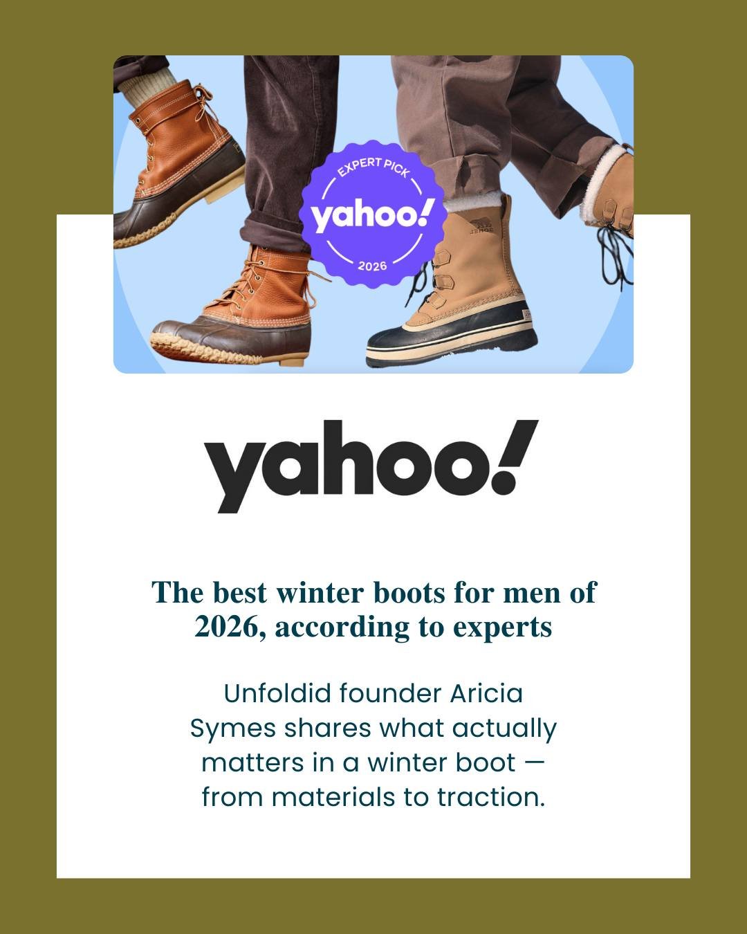 These boots were made for talking 👞❄️ @ariciasymes was featured as a style expert in Yahoo Shopping&rsquo;s roundup of the best winter boots for men of 2026 &mdash; breaking down what actually matters (materials, traction, waterproofing, and more).
