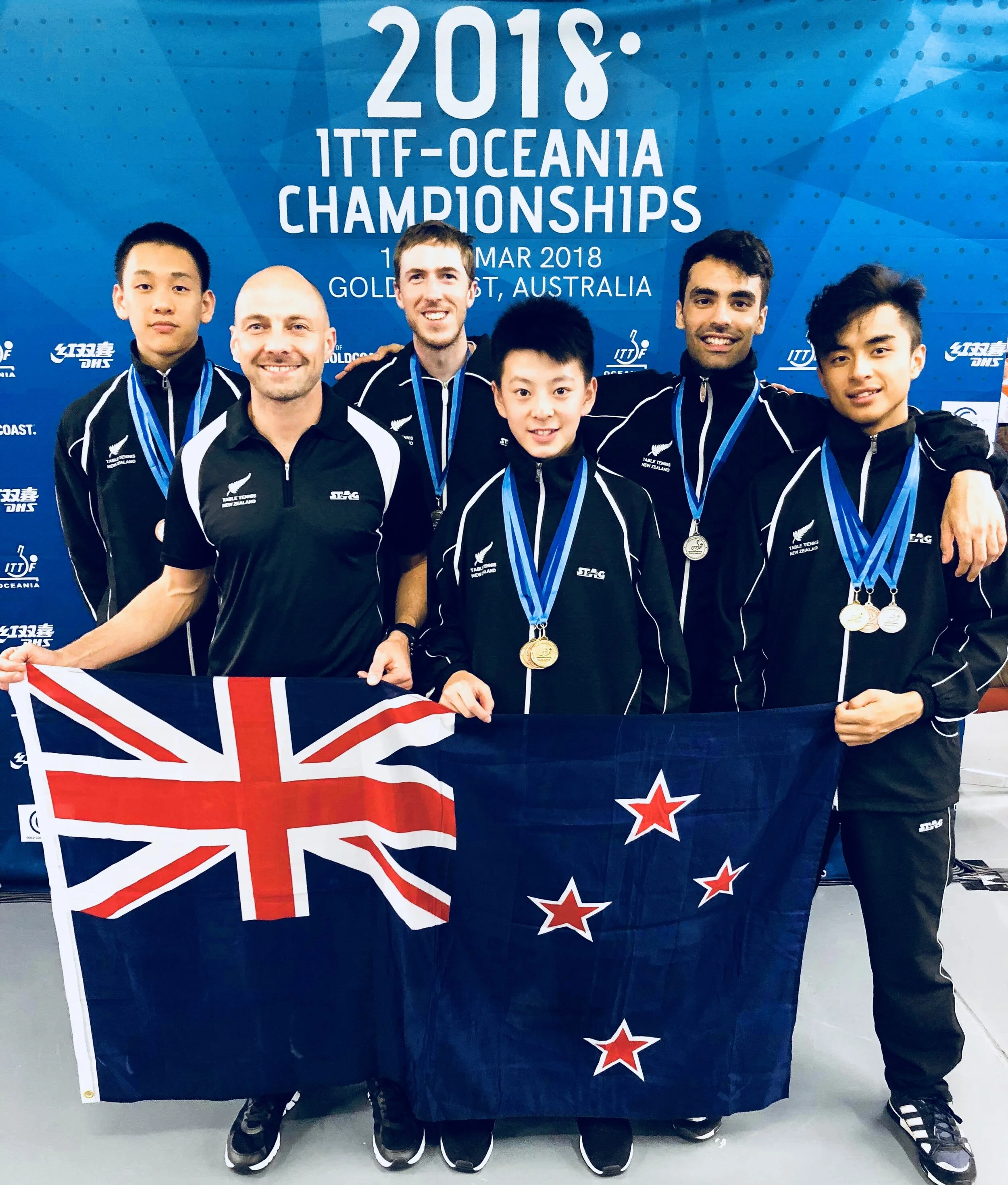 A photo of Team New Zealand after the medal ceremony at the 2018 ITTF-Oceania Championships