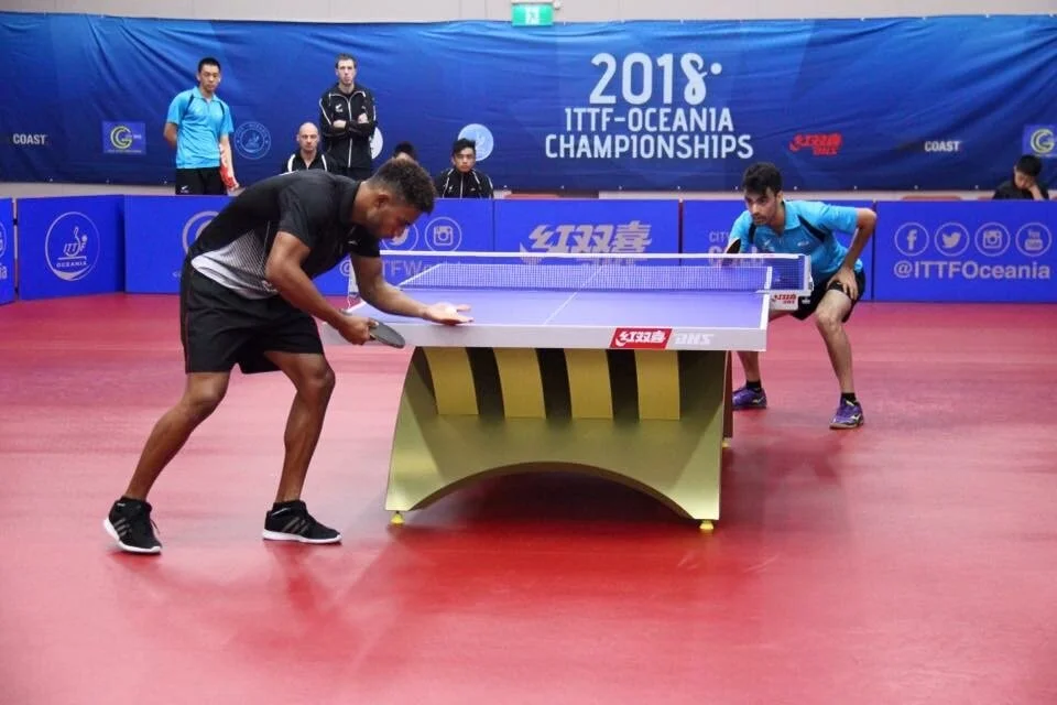 A photo of Dinyar Irani in action at the 2018 ITTF-Oceania Championships in Gold Coast, Australia