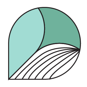 Stylized logo with overlapping leaf-like shapes in shades of teal and black.