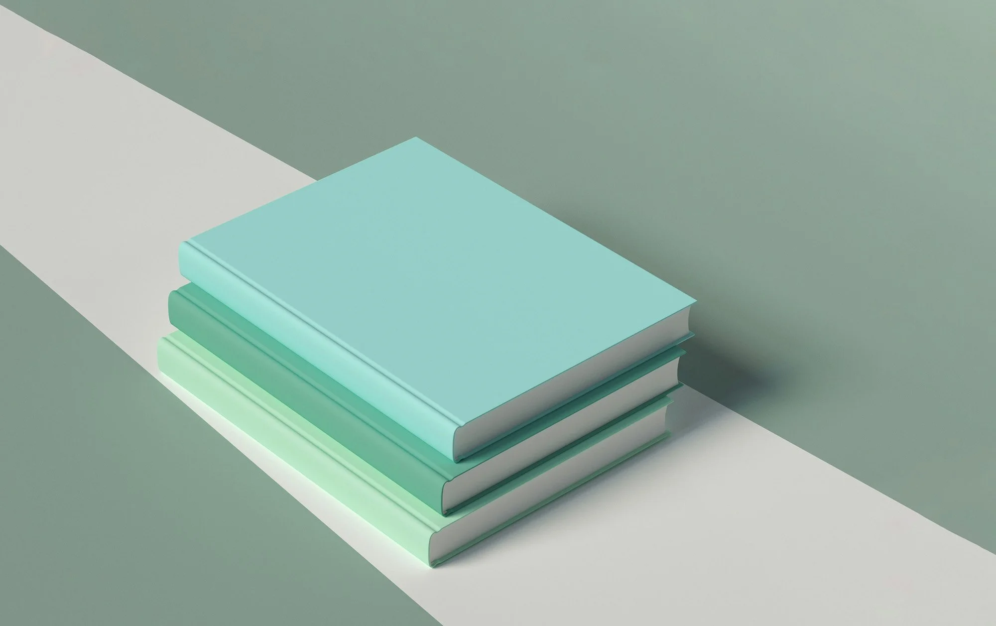 A stack of teal and green books
