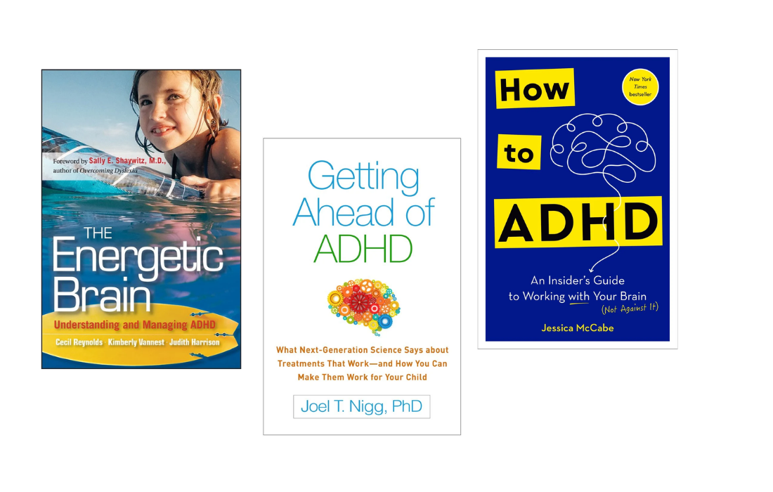 Book covers for "The Energetic Brand," "Getting Ahead of ADHD," and "How to ADHD"
