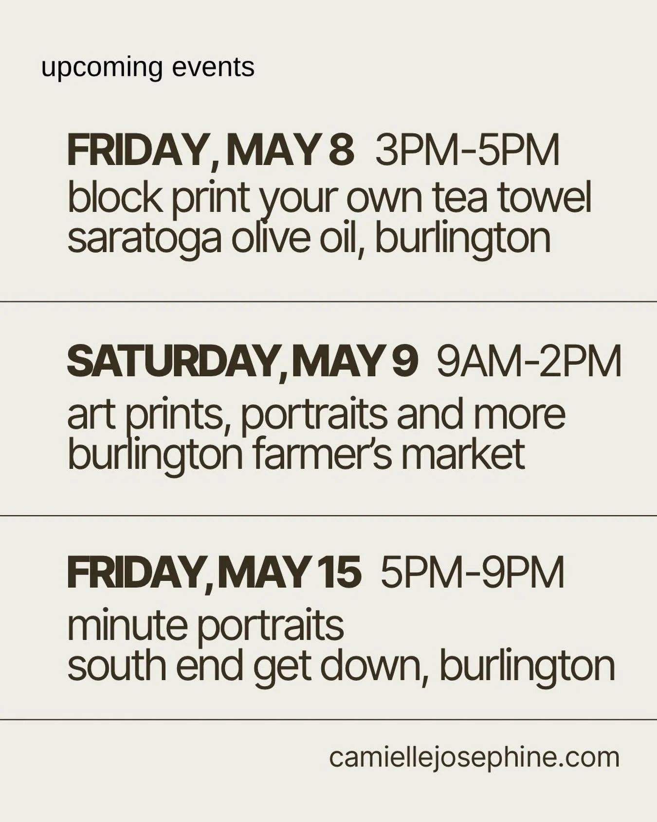 Upcoming Events ✨

🌟Friday, May 8  3pm-5pm
come print your own tea towels with me at @saratogaoliveoilco to celebrate their 15th anniversary! I carved up blocks that are very olive oil centric 🫒🫒🫒bring your mom! (Its mother&rsquo;s day weekend) 
