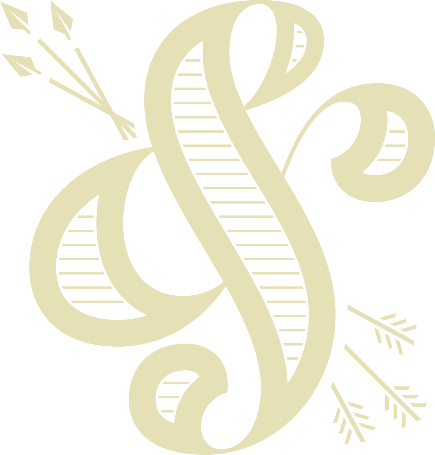 Decorative cream-colored ampersand symbol with three arrows going through it
