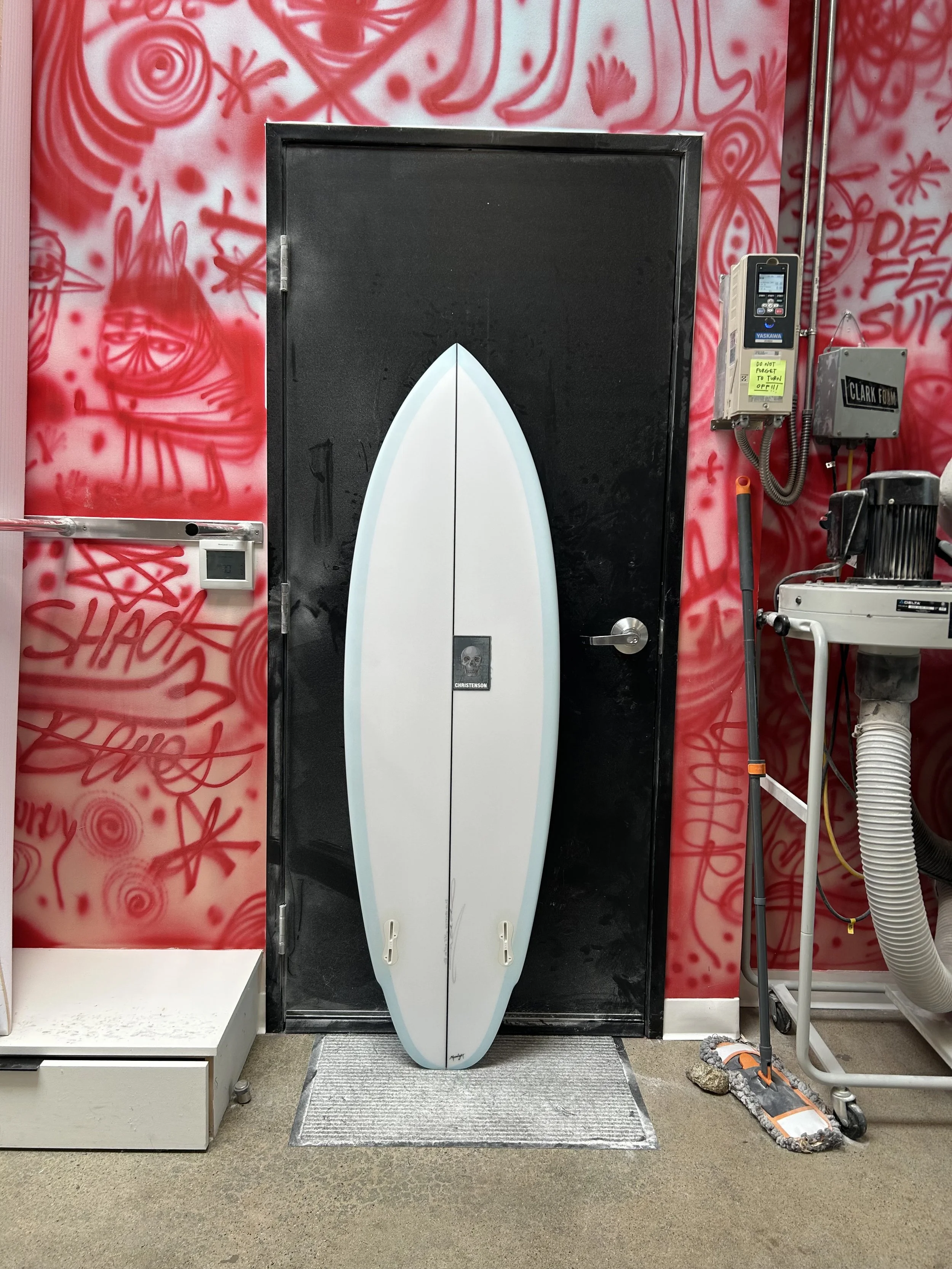 bottom side of light blue lane splitter against shop door