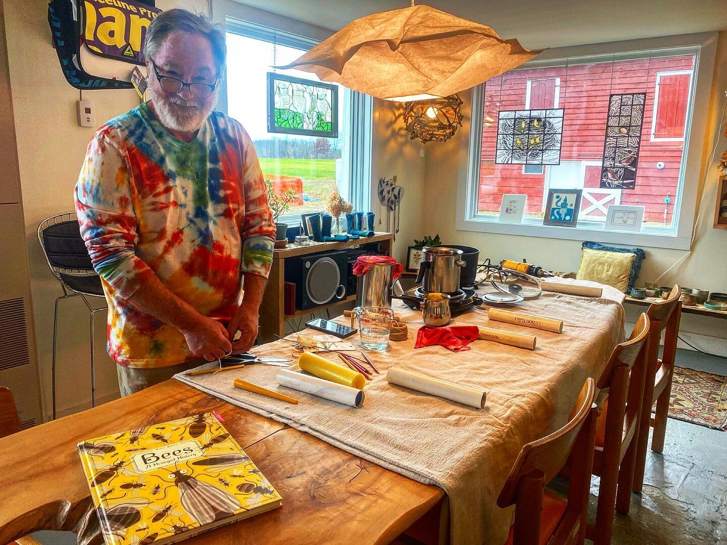 Such fun making beeswax candles with Kevin Carroll today! We sipped on hot cider (with a splash of homemade Mead!) and poured taper candles. We then got to experience the art of dipping candles! Thanks for sharing your love of 🐝 with our community, 