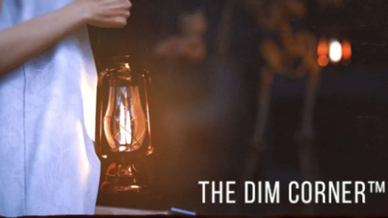 A person holding a lantern with The Dim Corner written on the side.