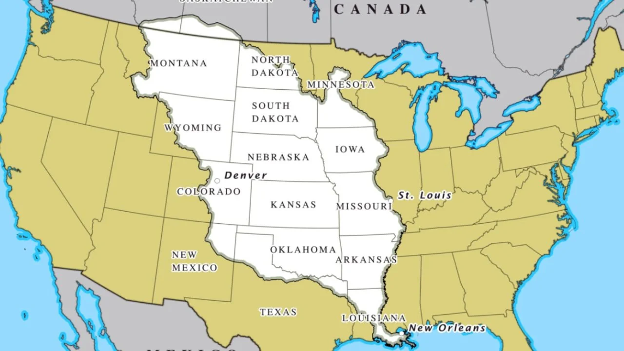 A map of the U.S, overlapped with the territory that came in Louisian purchase, seen in white.
