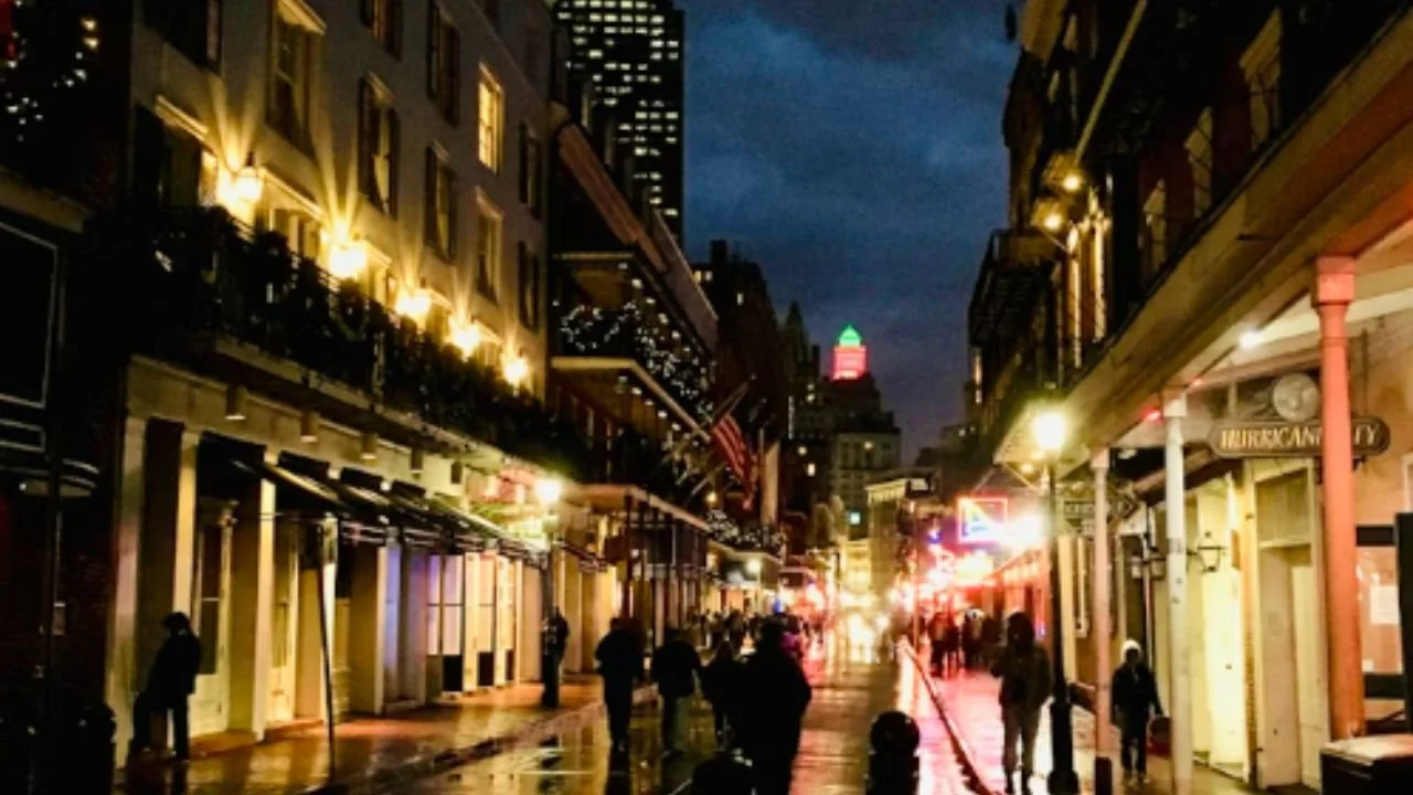 Bourbon Street in New Orleans at night.