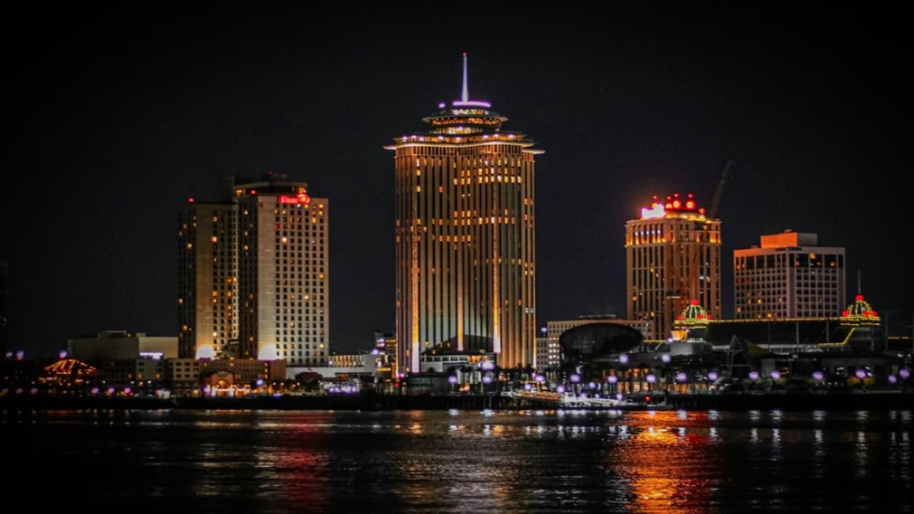 A view of New Orleans at night.