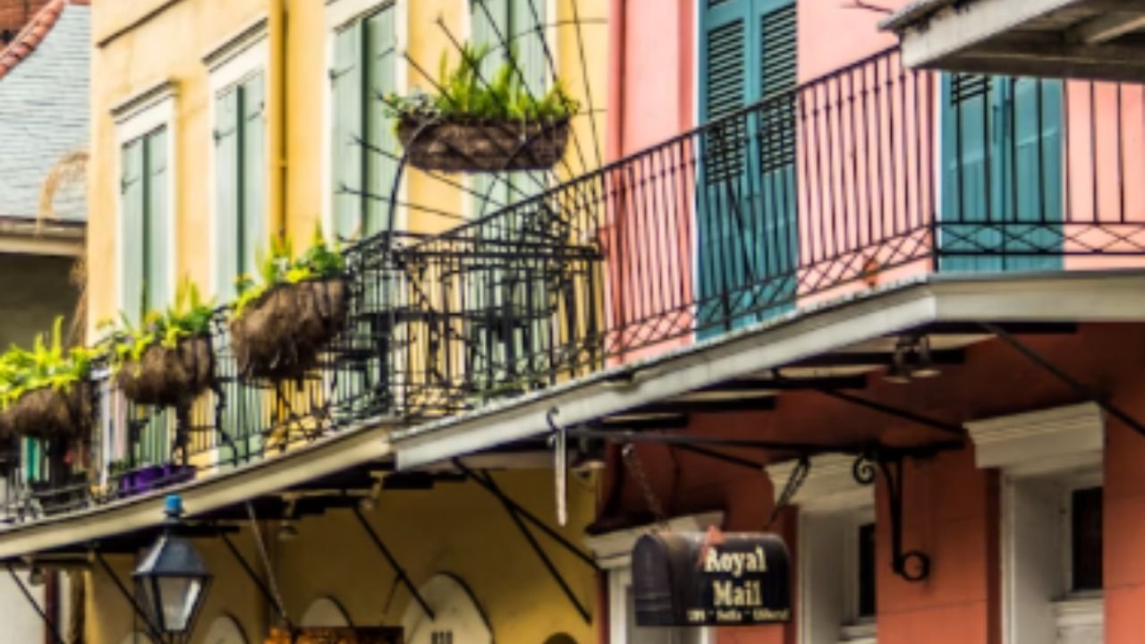 A pedestrian walking along the sidewalk under a colorful historic building in the French Quarter.