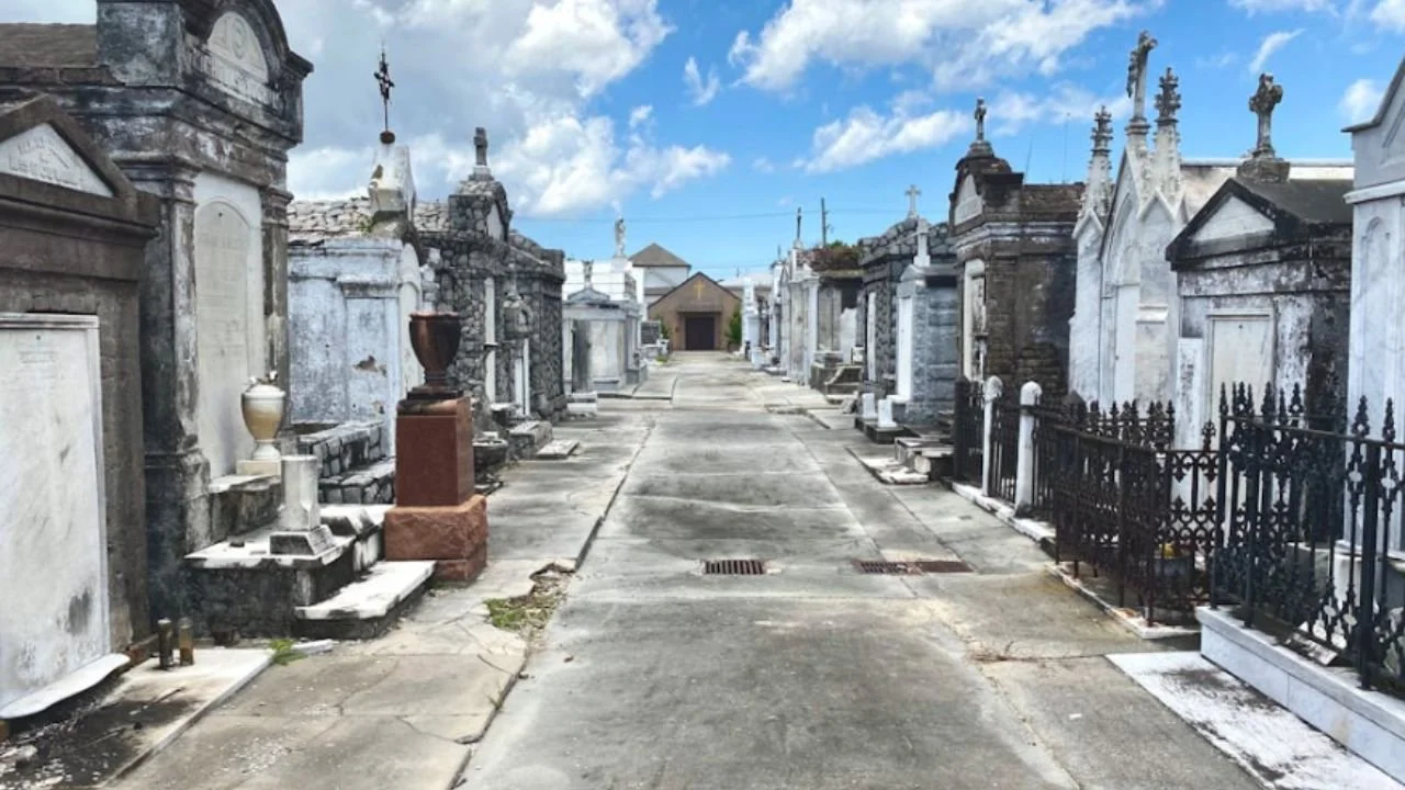 View of historic cemetery tombs and vaults in New Orleans.