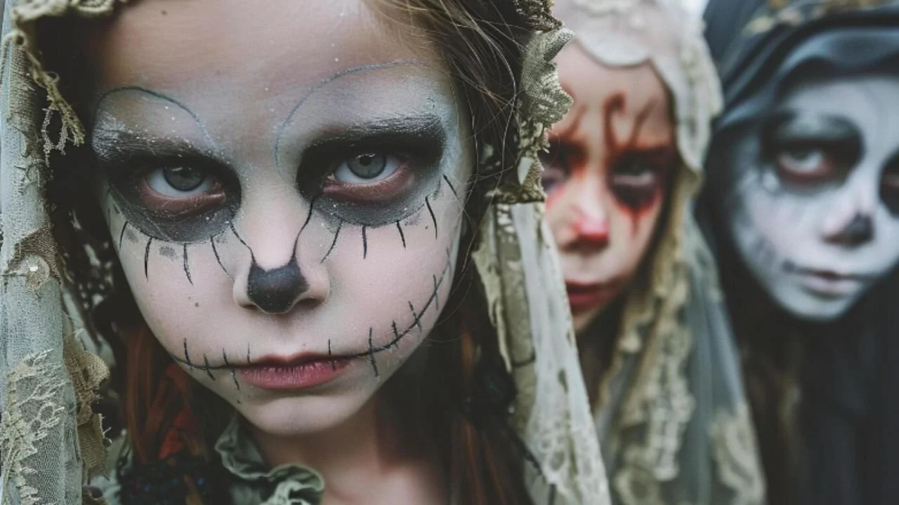 Children in scary costumes and makeup on Halloween.