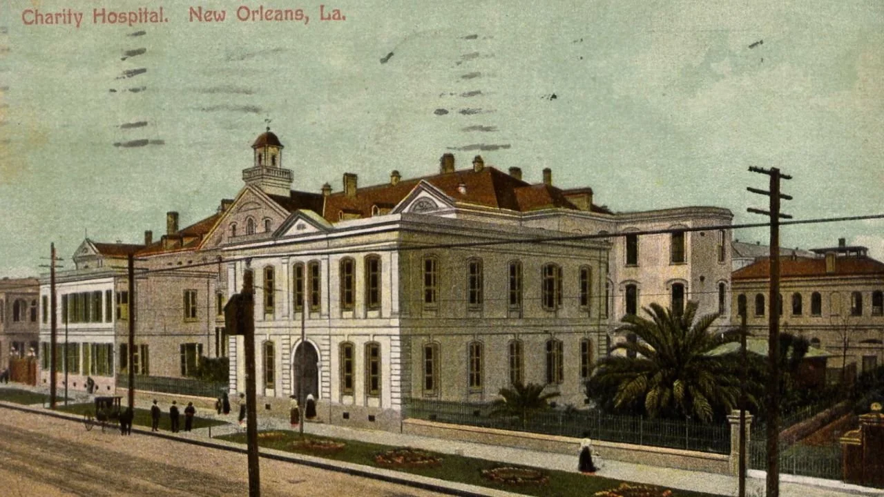 Postcard of New Orleans showing old building of the Charity Hospital