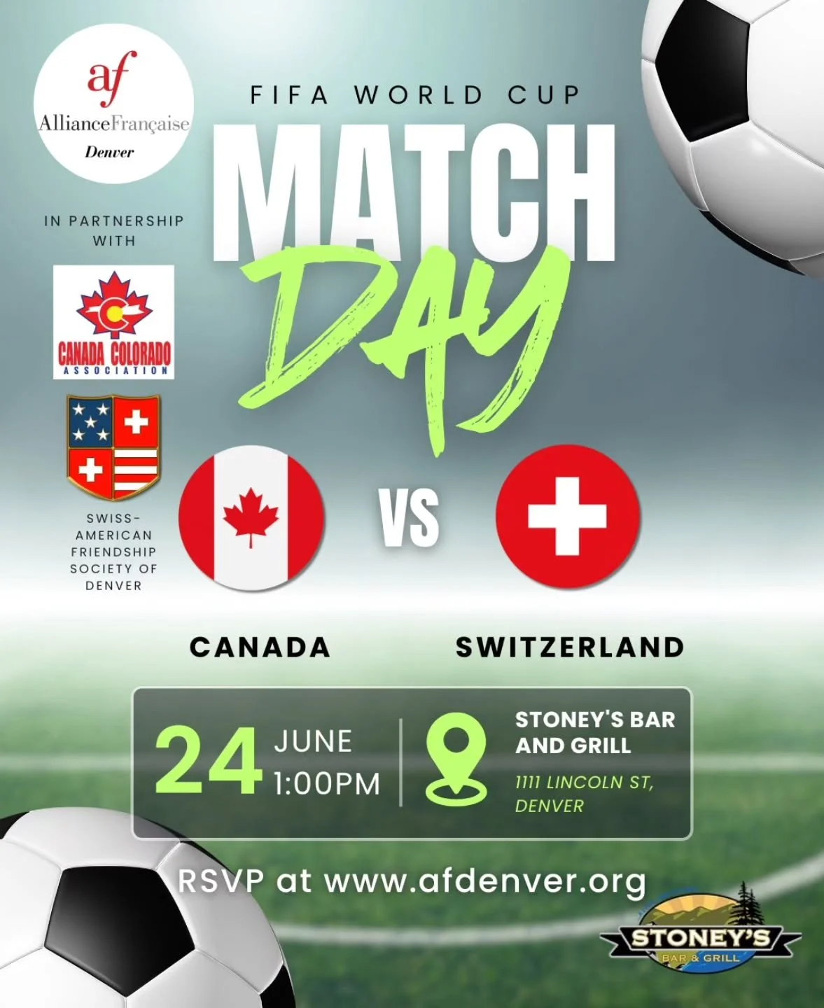 Join us for a FIFA World Cup Watch Party at Stoney's Denver. This is a special collaborative event with the Alliance Francaise de Denver and Canada Colorado Association. Please visit the @afdenver website to register.