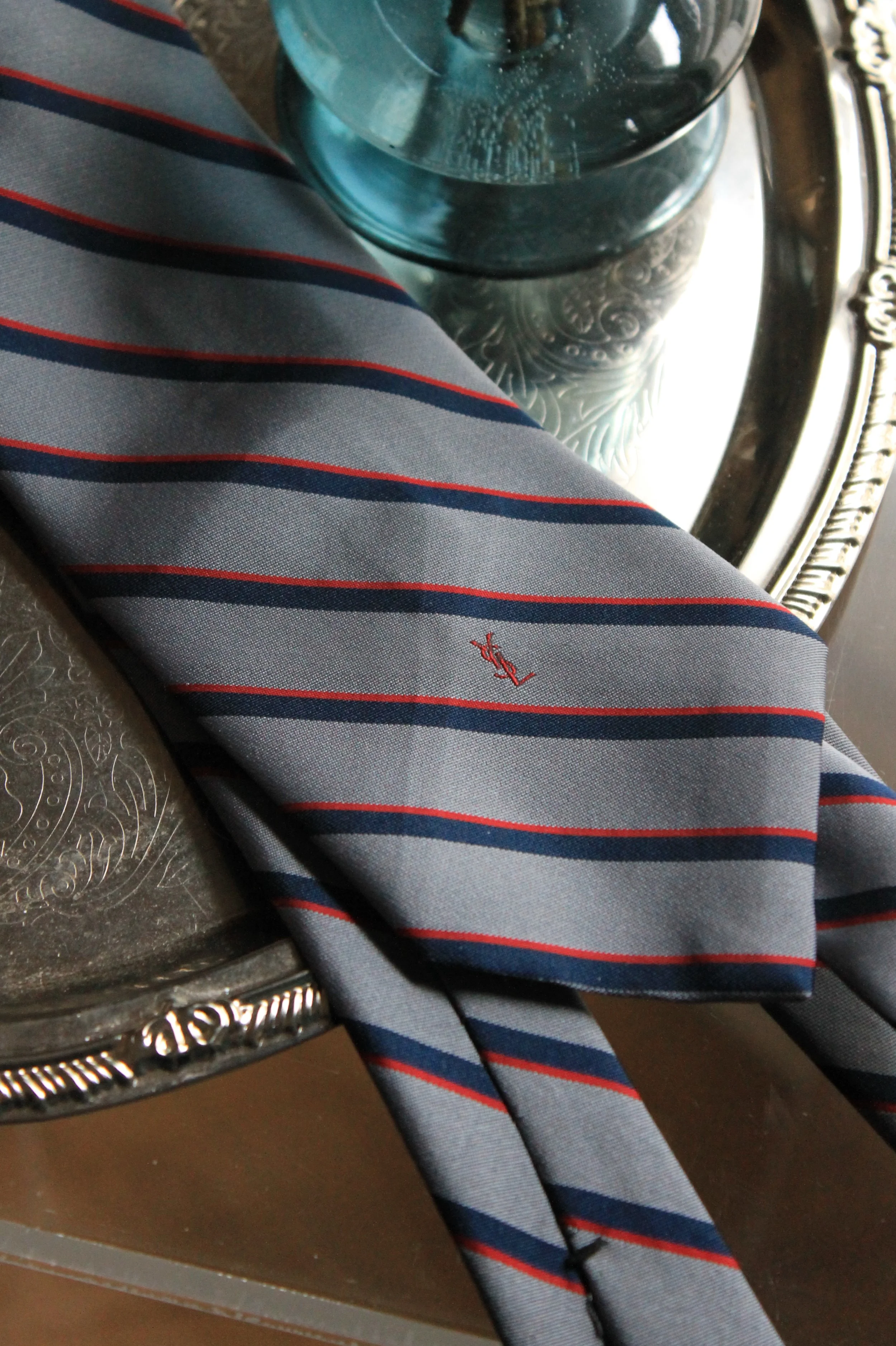 Yves Saint Laurent Tie gray with red and navy stripe