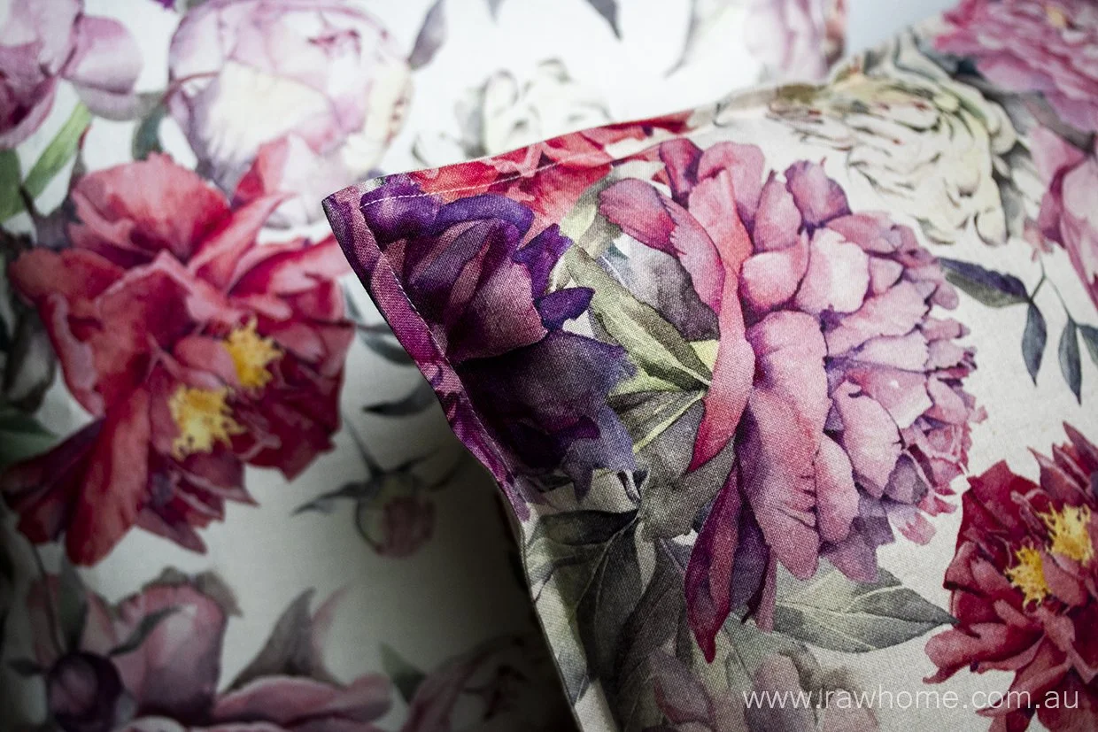 Raw Home Peony Linen Cushions 50cm x 50cm  Botanical/Natural Linen