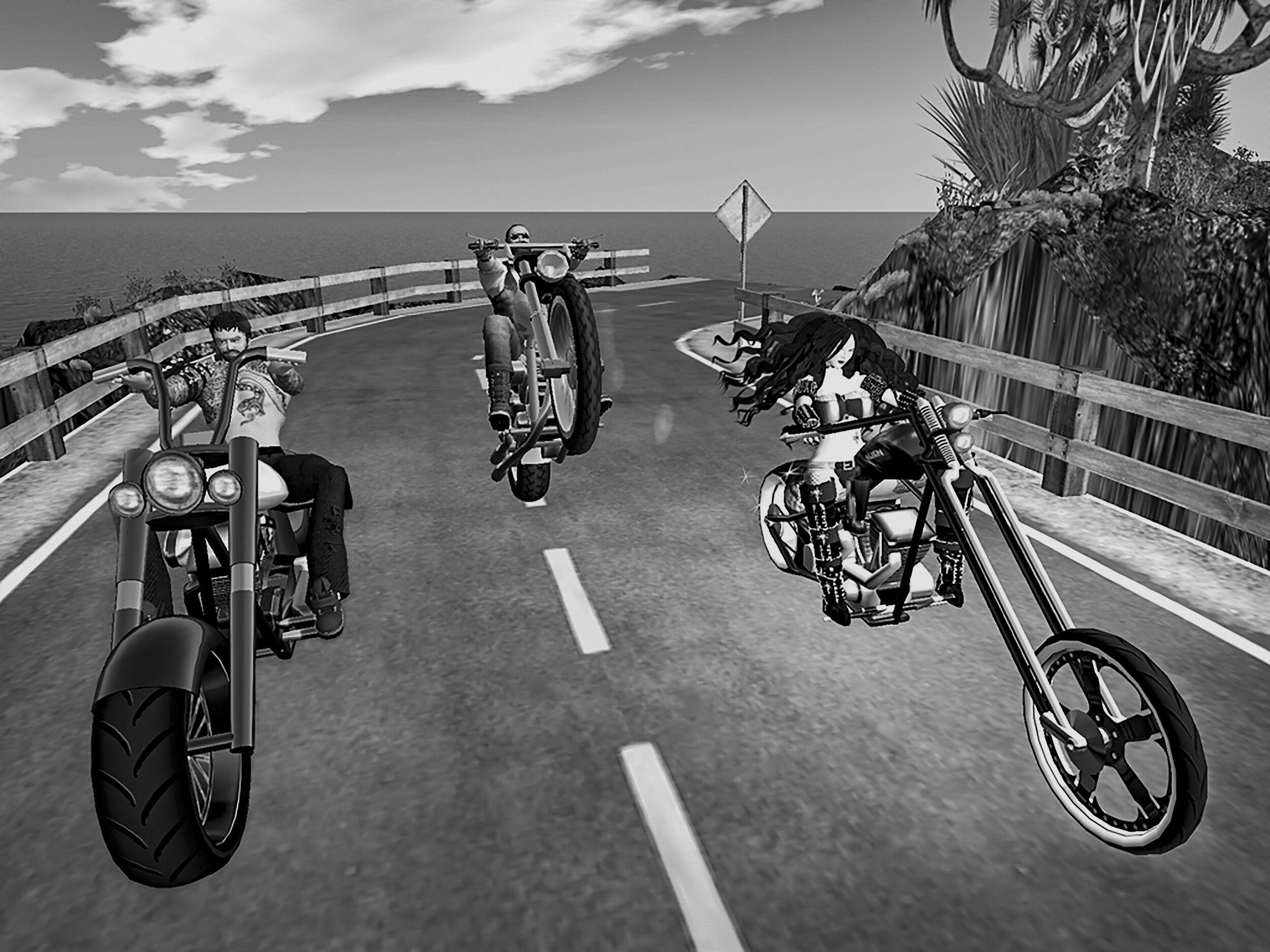  Friends ride motorcycles on the mainland.    part of Second Lives book   