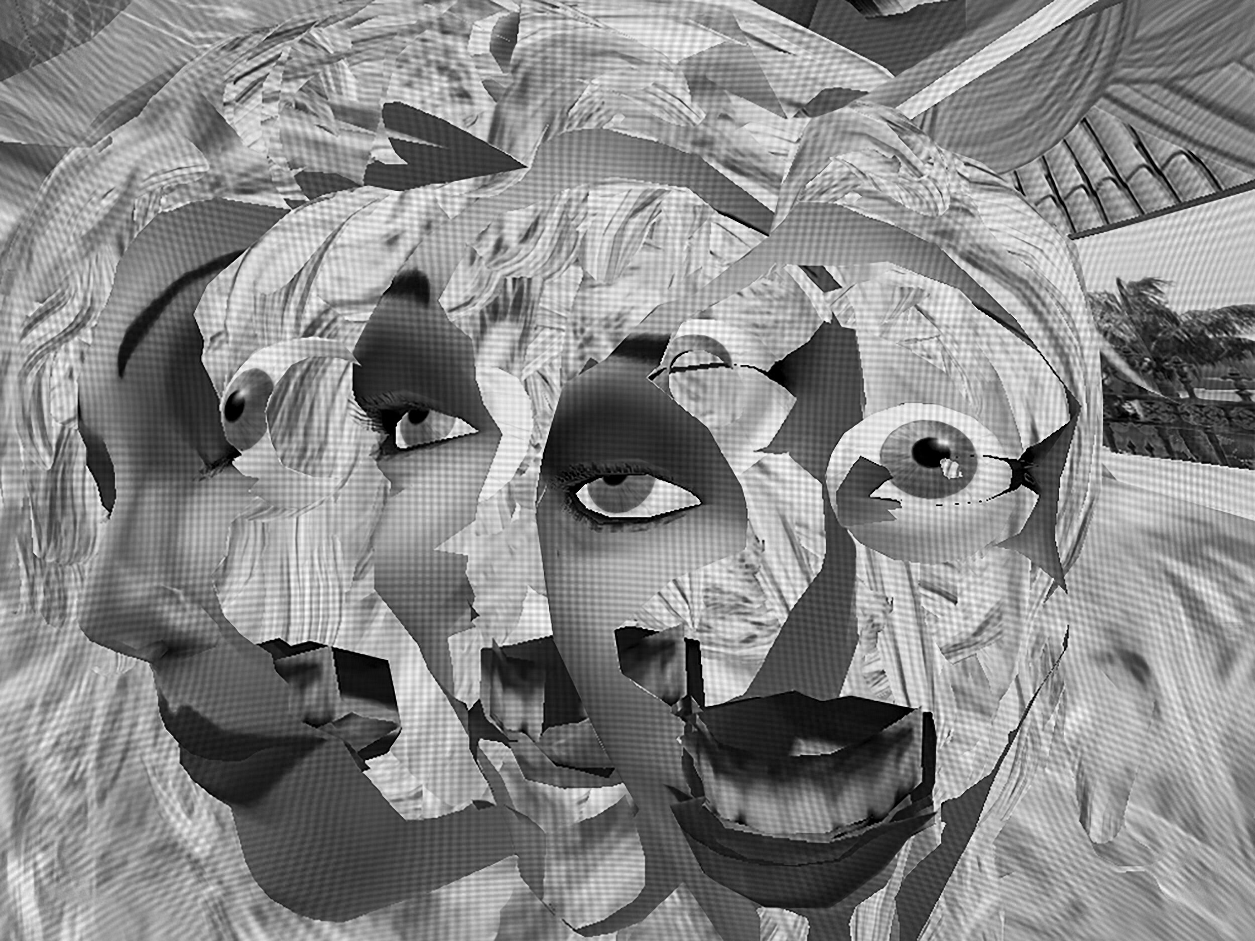  A blonde avatar glitches graphically.    part of Second Lives book   